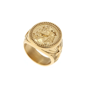 Gold plated hip hop ring featuring Jesus relief and side cross engraving on stainless steel