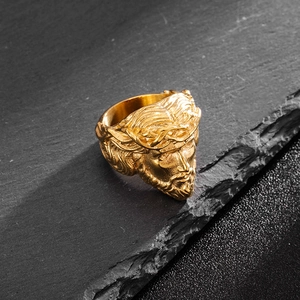 Vintage gold plated stainless steel Jesus Christ portrait ring for men with relief carving