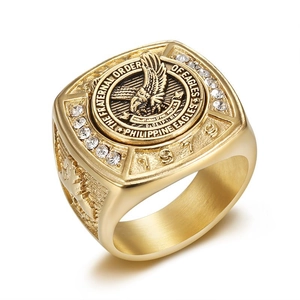 Men's 18K gold plated stainless steel Philippine Eagles ring with CZ diamonds