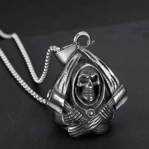 Retro Stainless Steel Grim Reaper Skull Scythe Bell Pendant Necklace Gothic Punk Polished Biker Jewelry For Men Unisex