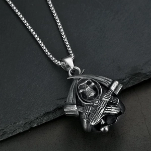 Vintage stainless steel grim reaper pendant with scythe on black box chain for men
