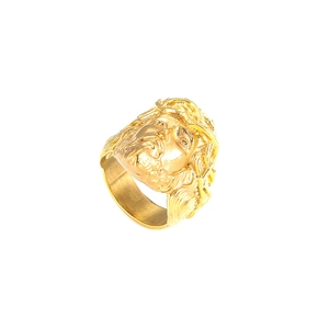 Polished gold-plated stainless steel ring featuring a detailed Jesus portrait relief