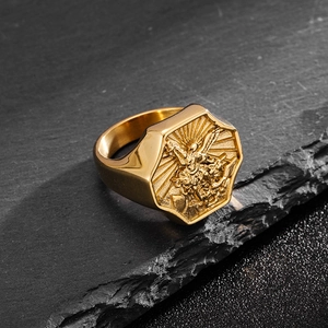 Vintage Archangel St. Michael stainless steel ring with hexagonal gold signet