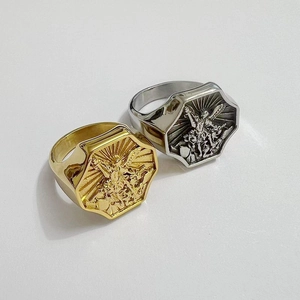 Detailed relief of Saint Michael on hexagonal vintage stainless steel signet ring
