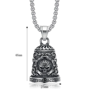 Detailed macro view showing the 46mm stainless steel skull biker bell pendant dimensions