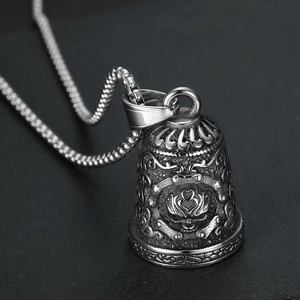 Men Vintage Stainless Steel Skull Guardian Bell Pendant Necklace Gothic Punk Biker Retro Ghost Head Bell Charm Necklace Jewelry