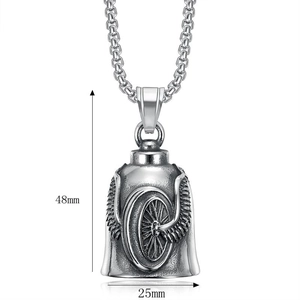 Polished stainless steel motorcycle guardian bell with detailed wings and wheel engraving