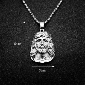 Detail view of hip hop Jesus pendant necklace with 54mm x 33mm dimensions and ball chain