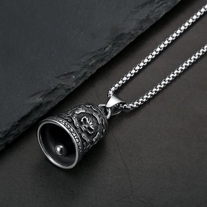 Polished stainless steel skull guardian bell pendant with vintage floral relief