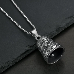 Vintage stainless steel lion head biker bell necklace with ornate baroque engraving patterns