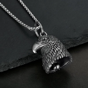 Vintage Stainless Steel Eagle Head Guardian Bell Pendant Necklace Retro Polished Biker Guardian Bell For Men Jewelry Gift
