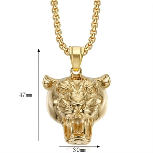 Golden lion head pendant necklace in stainless steel with box chain and 47mm height