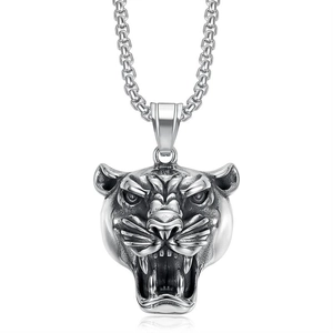 Polished silver stainless steel lion head pendant necklace with thick link chain