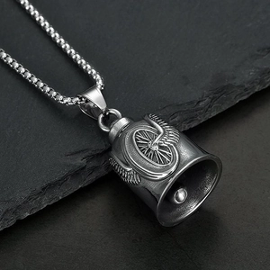 Vintage Stainless Steel Winged Wheel Guardian Bell Pendant Necklace For Men Biker Motorcycle Polished Punk Jewelry Gift