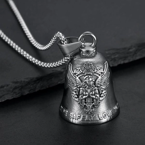 Polished stainless steel angel motorcycle bell pendant with Ride Safely Love You engraving