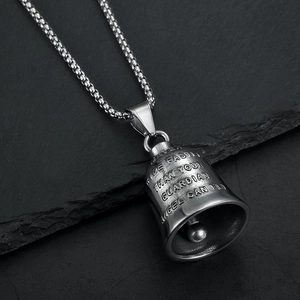 Vintage stainless steel angel guardian bell pendant with box chain on dark rock