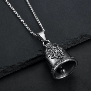 Guardian angel bell necklace in stainless steel with Drive Safely engraving for bikers