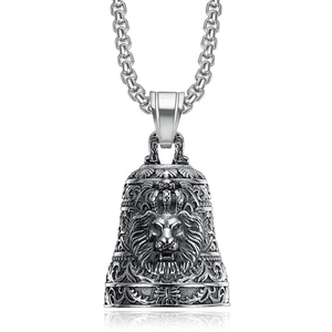 Antique silver lion head guardian bell pendant with intricate arabesque pattern and box chain