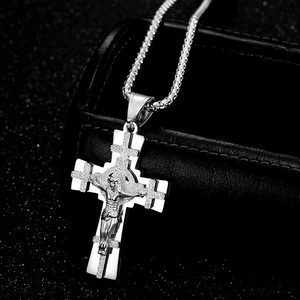 Vintage silver stainless steel crucifix cross necklace on black leather jewelry box