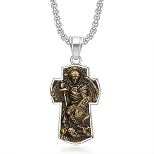 Pendentif croix bouclier Archange Michel en acier inoxydable bicolore avec chaîne