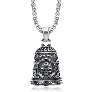 Stainless steel skull biker guardian bell pendant with vintage silver punk engraving