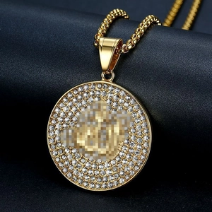 Hip-Hop Religiöser Runder Scheibenanhänger Halskette Edelstahl Vergoldet Strass Kalligraphie Schmuck Unisex