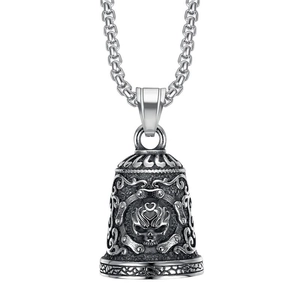 Polished stainless steel skull guardian bell pendant with vintage gothic pattern and chain