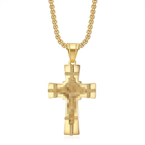 Polished gold double-layer stainless steel cross pendant necklace with matte texture