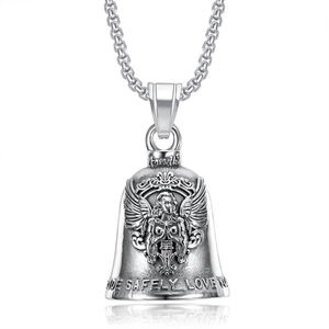 Angel Guardian Biker Bell Stainless Steel Pendant Necklace Ride Safely Love Motorcycle Bell Vintage Punk Jewelry Amulet Gift