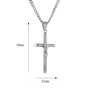 Detailed size view showing the 50mm height and 21mm width of the crucifix cross pendant