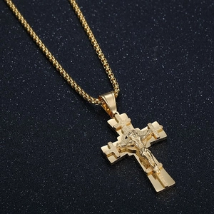 Vintage gold stainless steel crucifix cross pendant necklace with Jesus relief
