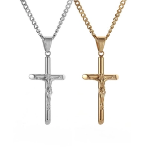 Classic silver and gold stainless steel cross pendant necklaces with Jesus relief carving