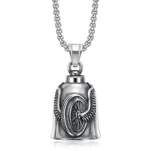 Stainless steel guardian bell necklace for bikers featuring polished winged wheel design