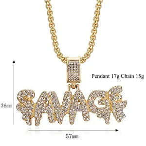 Collana hip hop placcata oro con ciondolo SAVAGE ghiacciato e catena a maglie spesse