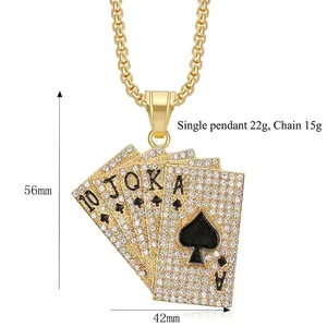 Hip hop gold plated stainless steel royal flush poker pendant necklace with rhinestones