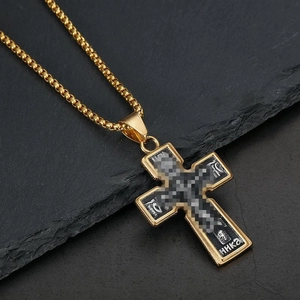 Vintage stainless steel cross pendant necklace with Cyrillic inscription on box chain