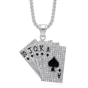 Hip hop silver pendant necklace with iced out poker royal flush and cuban chain link