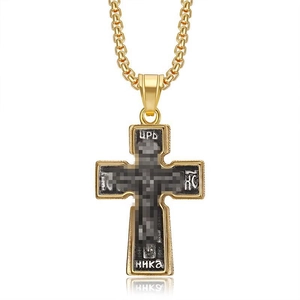 Vintage Stainless Steel Orthodox Cross Pendant Necklace For Men Hip Hop Bi-Color Jesus Relief Religious Jewelry Gift