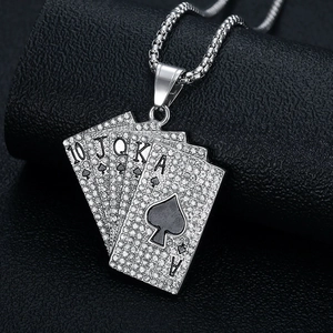 Hiphop iced out royal flush poker card pendant necklace in gold plated stainless steel