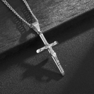 Polished stainless steel crucifix pendant necklace with silver curb chain for men and women