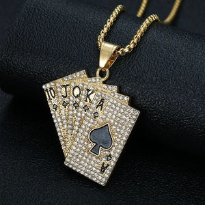 Hiphop Stainless Steel Poker Royal Flush Pendant Necklace Iced Out Rhinestone Playing Card Spade Charm Necklace For Men Women