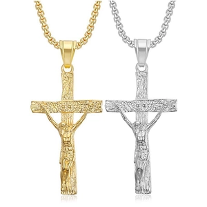 Collier Pendentif Crucifix Jésus en Acier Inoxydable pour Hommes Bijoux Religieux Rétro Motif Texture de Bois Croix