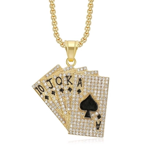 Hip hop gold plated stainless steel necklace featuring iced out royal flush poker pendant