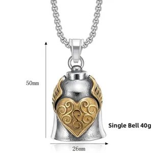Detail view of retro motorcycle guardian bell pendant with gold heart and dimension markings