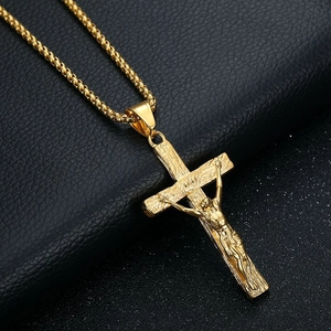 Collier pendentif crucifix en acier inoxydable doré pour homme avec chaîne épi