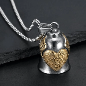 Retro Stainless Steel Guardian Bell Pendant Necklace For Biker Punk Style Heart Wings Polished Motorcycle Riding Jewelry