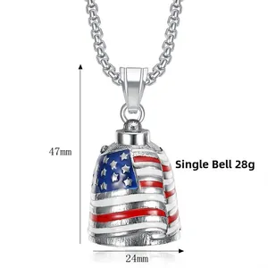 Polished stainless steel American flag guardian bell pendant necklace with silver chain