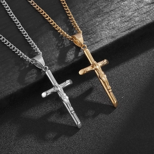 Stainless Steel Crucifix Pendant Necklace Jesus Cross Pendant For Unisex Hip Hop Punk Religious Jewelry Gold Silver Color