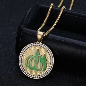 Edelstahl Religiöse Allah Anhänger Halskette Pave Strass Rund Islamisch Arabisch Schmuck Gold Silber Anhänger Kette