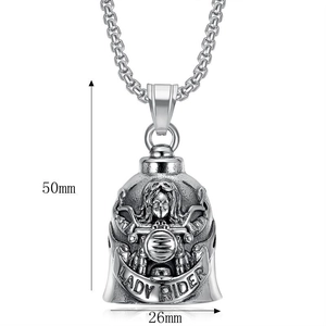 Stainless steel Lady Rider motorcycle bell pendant necklace with silver finish
